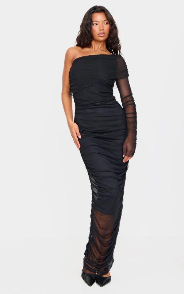 Black Mesh Bardot One Sleeve Maxi Dress