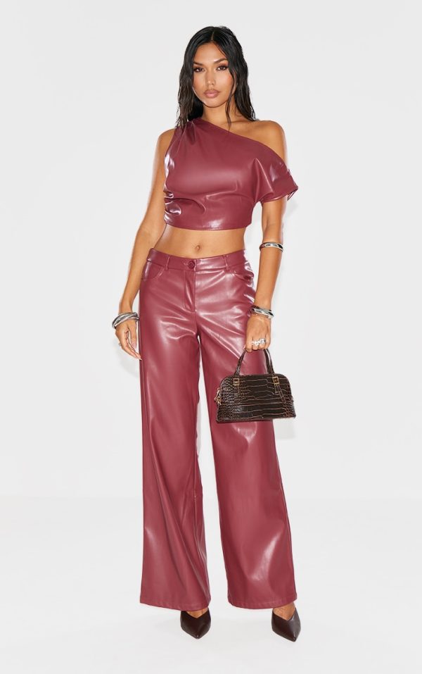 Burgundy Faux Leather Wide Leg Low Rise Pants