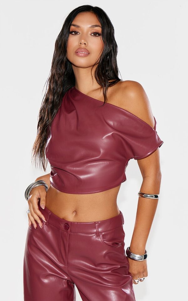 Burgundy Faux Leather Ruched One Shoulder Asymmetric Crop Top