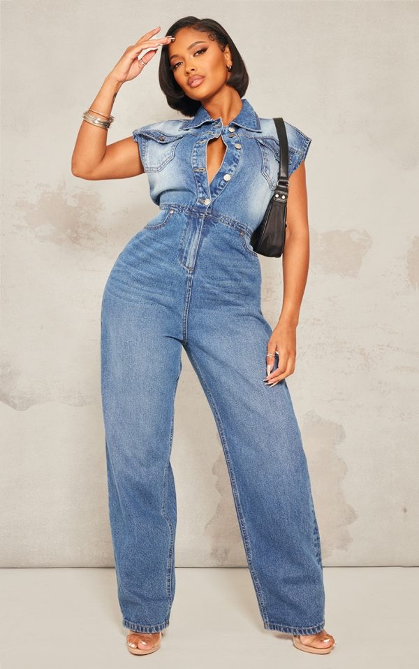 Shape Light Blue Sleeveless Rigid Denim Jumpsuit